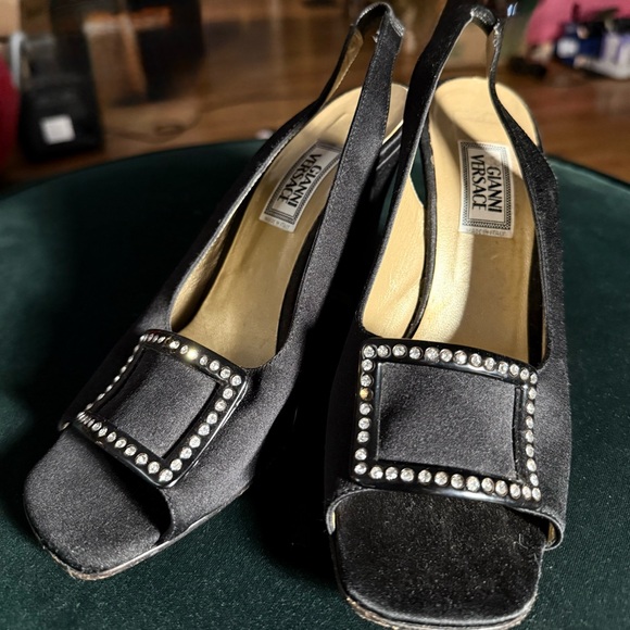 🖤 Gianni Versace 🖤 Black Satin Slingback HeelsBuckles Evening Italy 🇮🇹 37